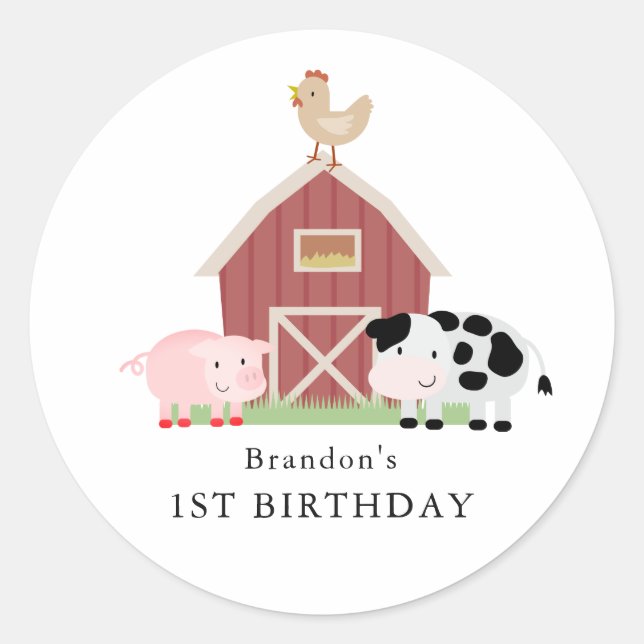 Pegatina Redonda Animales de granja Barnyard White Birthday (Anverso)