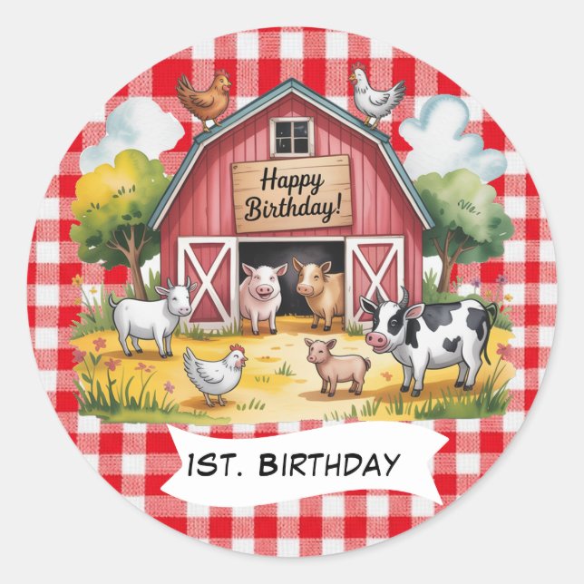 Pegatina Redonda Animales de Granja Fiesta de Cumpleaños 1er. (Anverso)