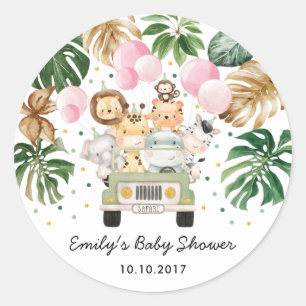 Pegatina Redonda Animales de la jungla de Safari verde Globos rosad