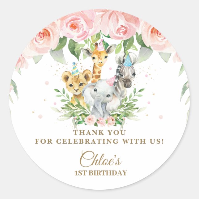 Pegatina Redonda Animales de la jungla rosada Gracias Por Favor (Anverso)