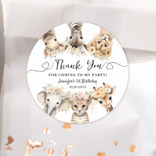 Pegatina Redonda Animales de Safari Cumpleaños de Niña Clásico Redo