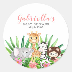 Pegatina Redonda Animales de Safari Cute   Baby Shower rosa