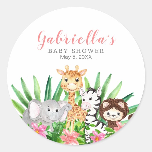 Pegatina Redonda Animales de Safari Cute | Baby Shower rosa (Anverso)