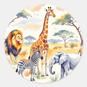 Pegatina Redonda Animales de Safari Patrón Continuo Escena de Saban