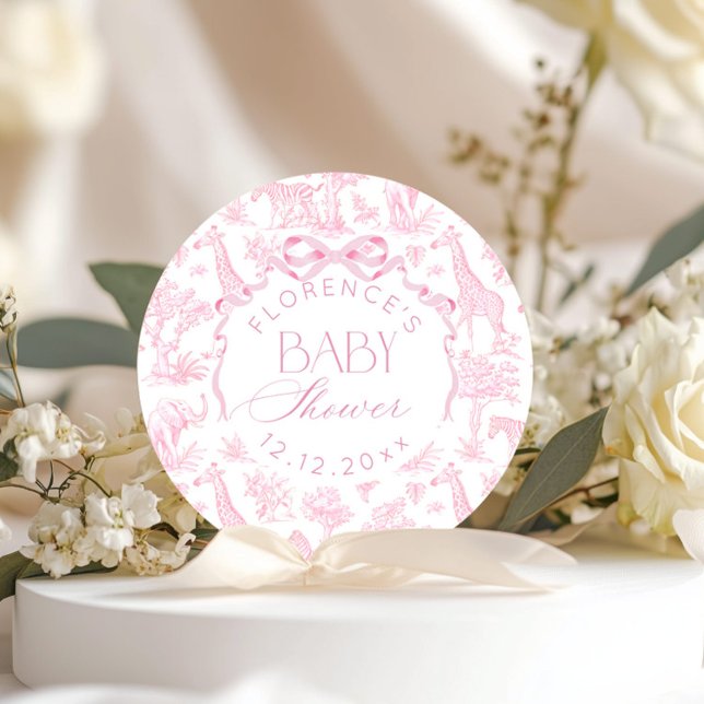 Pegatina Redonda Animales de Safari Toile de Jouy Pink Baby Ducha (Subido por el creador)