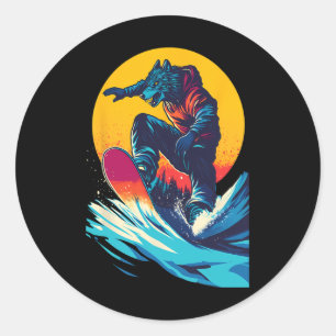 Pegatina Redonda Animales De Snowboard: Lobo En Snowboard Snowboard