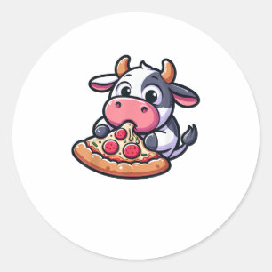 Pegatina Redonda Animales de vaca comiendo pizza marigherita comida