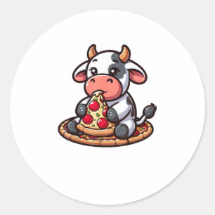 Pegatina Redonda Animales de vaca comiendo pizza marigherita comida