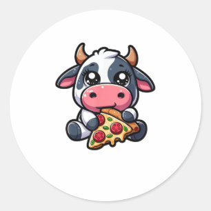 Pegatina Redonda Animales de vaca comiendo pizza marigherita comida