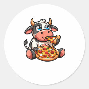 Pegatina Redonda Animales de vaca comiendo pizza marigherita comida