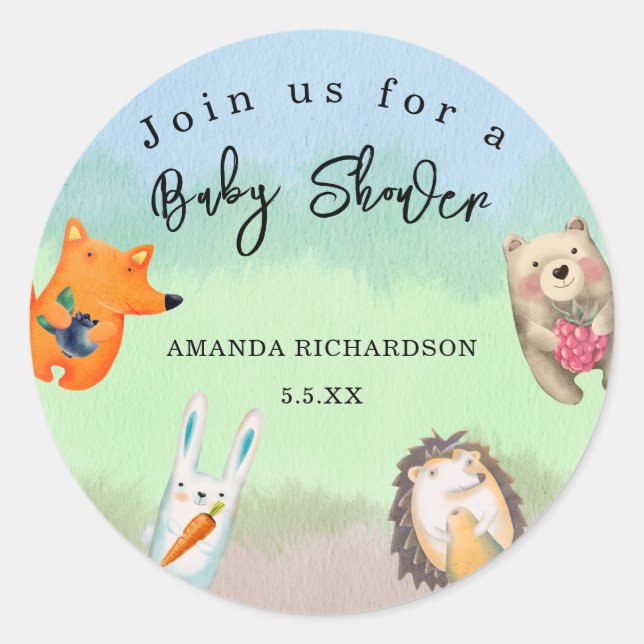 Pegatina Redonda Animales de Woodland Baby Shower (Anverso)