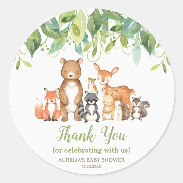 Pegatina Redonda Animales de Woodland Baby Shower Gracias (Anverso)