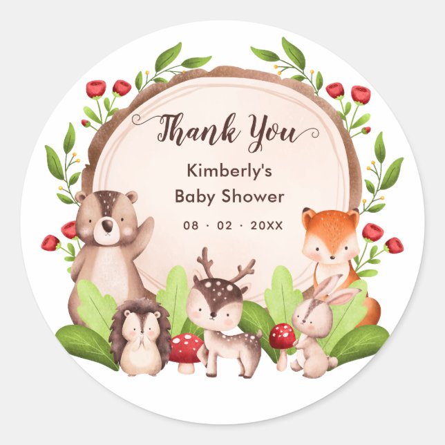 Pegatina Redonda Animales de Woodland Baby Shower Gracias Por Favor (Anverso)