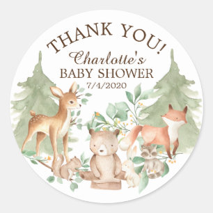 Pegatina Redonda Animales de Woodland Baby Shower Gracias Por Favor
