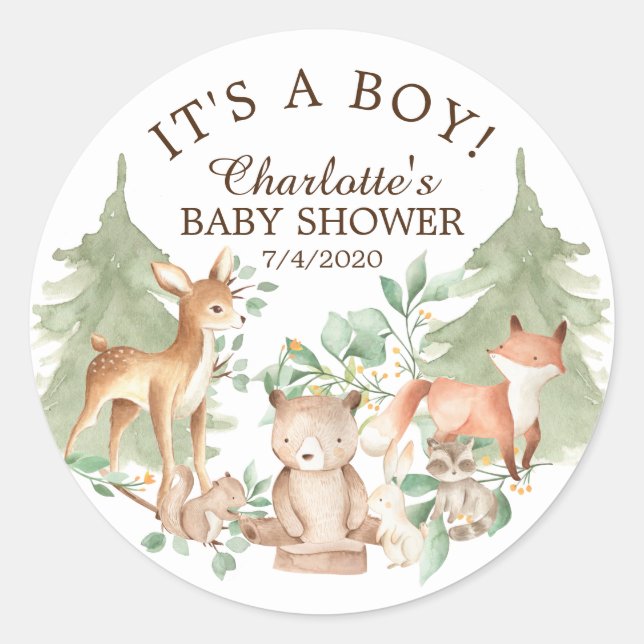 Pegatina Redonda Animales de Woodland Baby Shower Gracias Por Favor (Anverso)