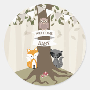 Pegatina Redonda Animales de Woodland Baby Shower Neutral