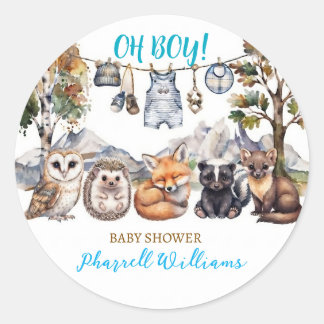 Pegatina Redonda Animales del bosque de madera baby shower