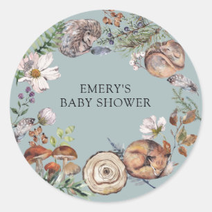 Pegatina Redonda Animales del Bosque Polvoriento Azul Baby Shower