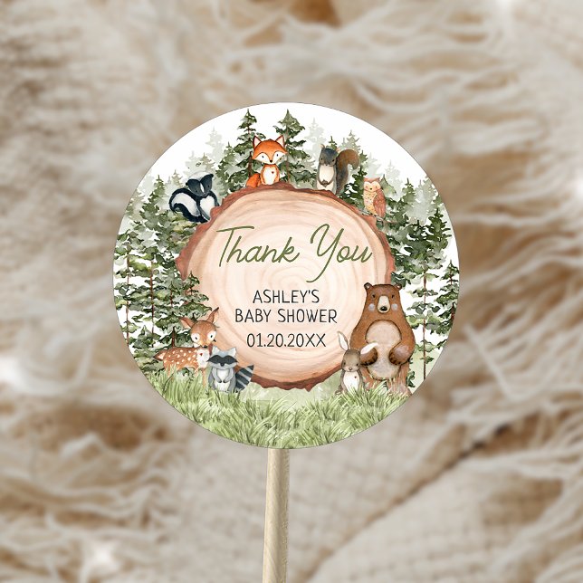 Pegatina Redonda Animales del Bosque Rebanada de Madera Baby Shower (Woodland Animals Wood Slice Baby Shower Sticker)