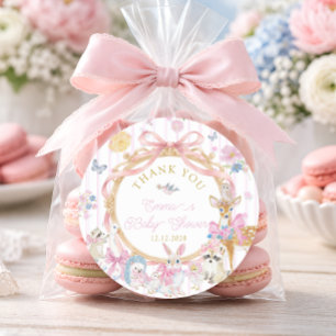 Pegatina Redonda Animales del Bosque Rosa Niña Baby Shower Agradeci