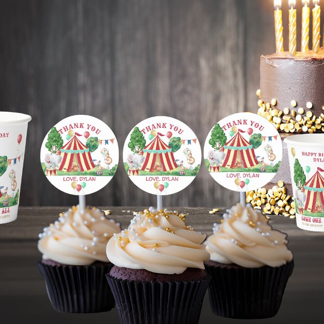 Pegatina Redonda Animales del Carnaval de Circo y grandes gracias (Circus Themed Stickers personalized for Kids Birthday)