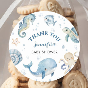 Pegatina Redonda Animales del Océano Baby Shower Niño Mar Azul
