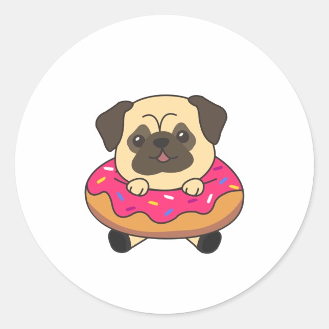 Pegatina Redonda Animales Dulces De Pug Graciosos En Rosa Donut (Anverso)