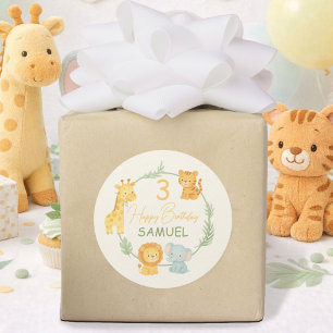 Pegatina Redonda Animales Lindos de Safari Cumpleaños Infantil de l