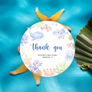 Pegatina Redonda Animales marinos acuarela - gracias baby shower