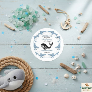 Pegatina Redonda Animales Marinos Tiburón 1er Cumpleaños Bajo el