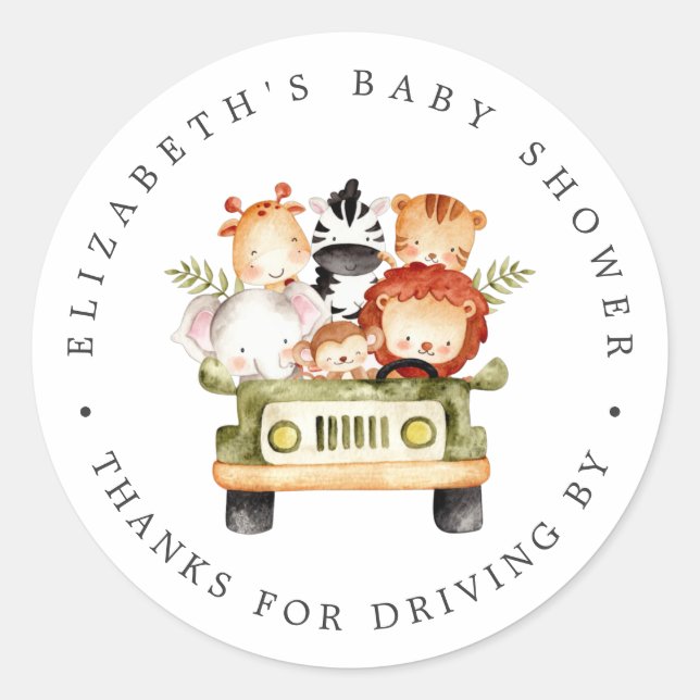 Pegatina Redonda Animales Safari | Baby Shower Drive-By Gracias (Anverso)