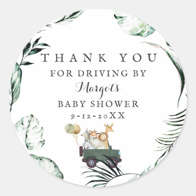 Pegatina Redonda Animales Safari manejados por Baby Shower Greenery (Anverso)