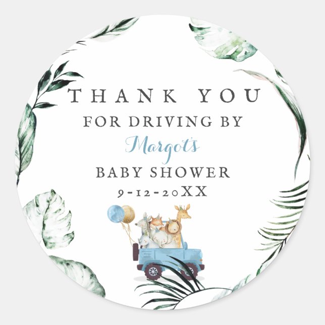 Pegatina Redonda Animales Safari manejados por Baby Shower Greenery (Anverso)