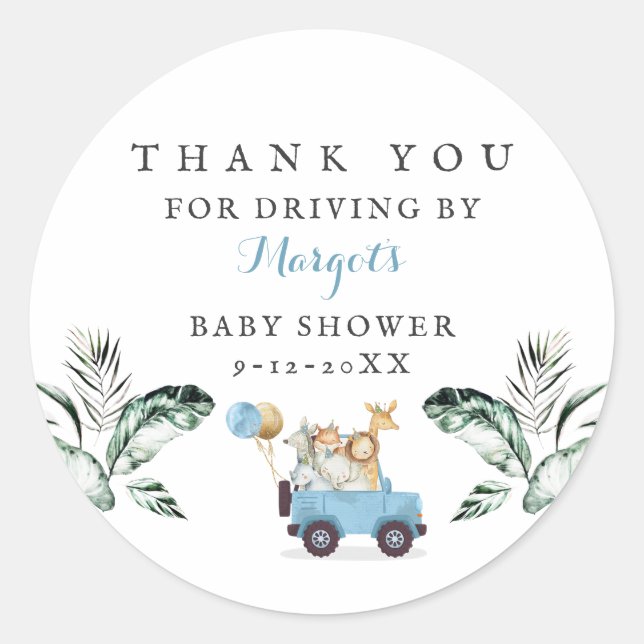 Pegatina Redonda Animales Safari manejados por Baby Shower Greenery
