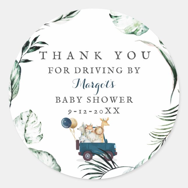 Pegatina Redonda Animales Safari manejados por Baby Shower Greenery (Anverso)