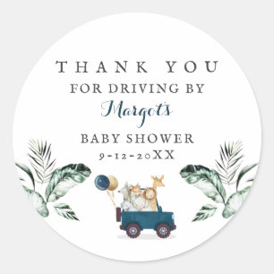 Pegatina Redonda Animales Safari manejados por Baby Shower Greenery