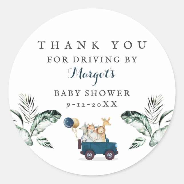 Pegatina Redonda Animales Safari manejados por Baby Shower Greenery (Anverso)