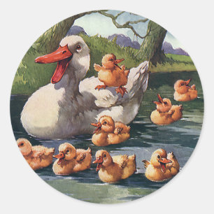 Pegatina Redonda Animales salvajes de época Aves, Ducklings Duck Fa