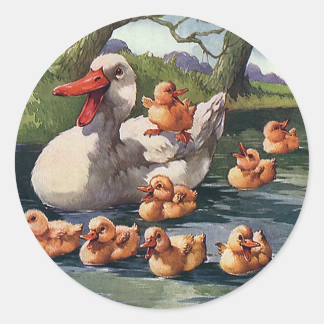 Pegatina Redonda Animales salvajes de época Aves, Ducklings Duck Fa (Anverso)
