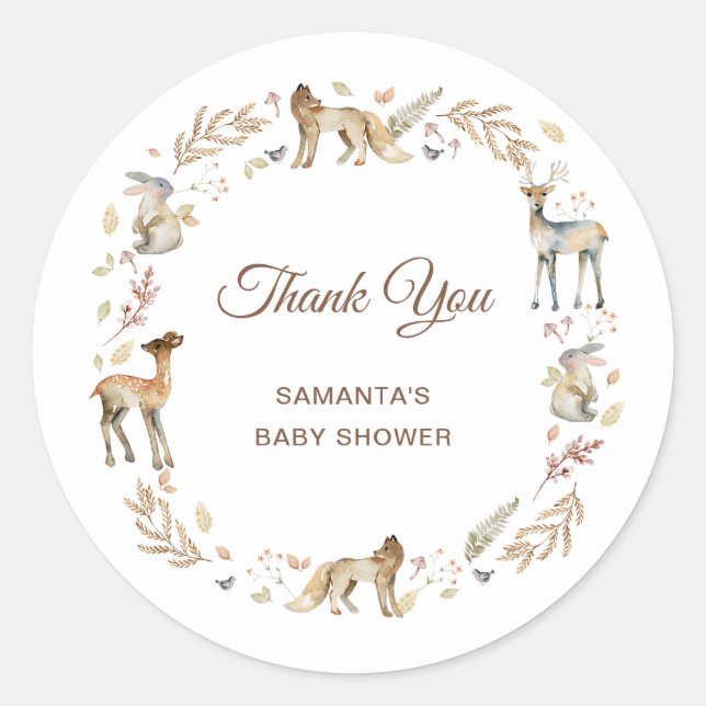 Pegatina Redonda Animals Woodland Baby Shower Gracias (Anverso)