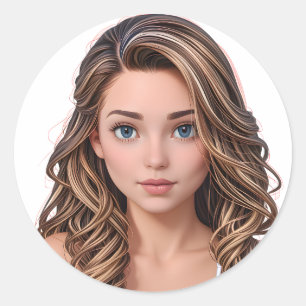 Pegatina Redonda Animated Girl with Wavy Highlighted Hair
