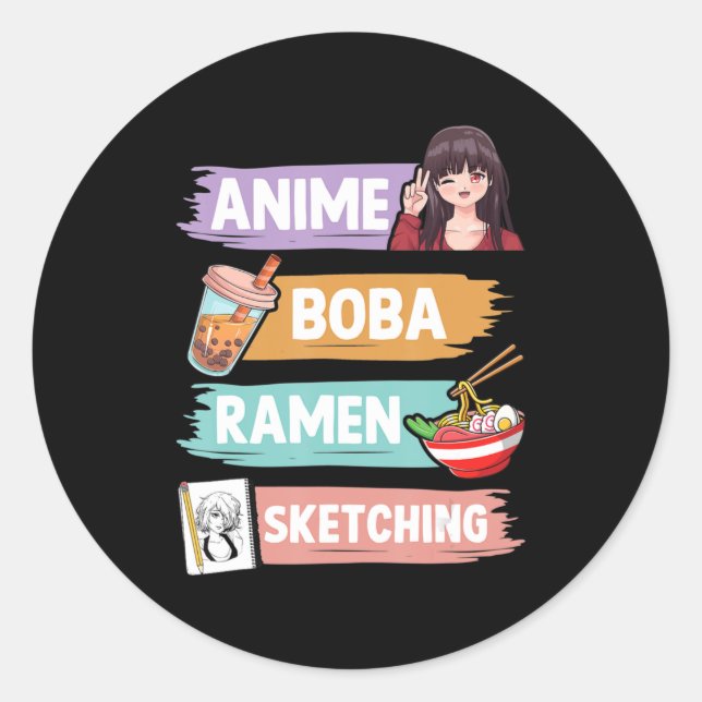 Pegatina Redonda Anime Boba Ramen Sketching Otaku Kawaii Anime Chic (Anverso)