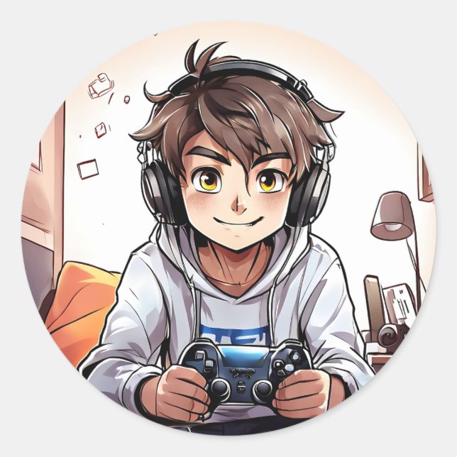 Pegatina Redonda Anime Boy Jugando Videojuegos (Anverso)