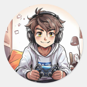 Pegatina Redonda Anime Boy Jugando Videojuegos