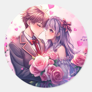 Pegatina Redonda Anime Boy y El día de San Valentín Chica
