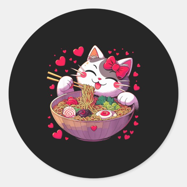 Pegatina Redonda Anime Cat Eating Ramen Noodles With Hearts Valenti (Anverso)