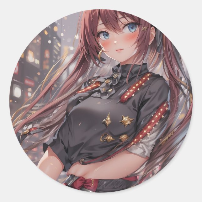 Pegatina Redonda Anime Chica AI Generative (Anverso)