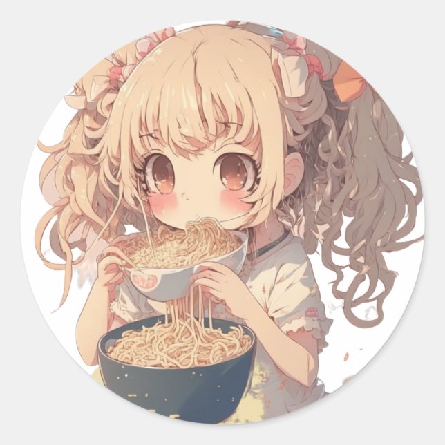 Pegatina Redonda Anime Chica comiendo fideos de Ramen (Anverso)