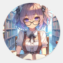 Pegatina Redonda Anime Chica con lentes en la biblioteca