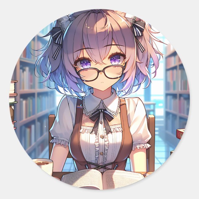 Pegatina Redonda Anime Chica con lentes en la biblioteca (Anverso)